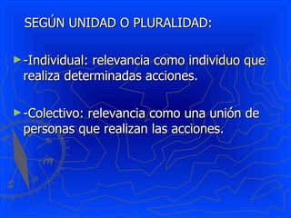 SEGÚN UNIDAD O PLURALIDAD: -Individual: relevancia como individuo que realiza determinadas acciones. -Colectivo: relevancia como una unión de personas que realizan las acciones. 
