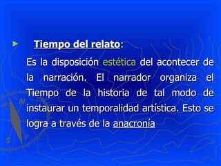 Tiempo del relato :  Es la disposición  estética  del acontecer de la narración. El narrador organiza el Tiempo de la historia de tal modo de instaurar un temporalidad artística. Esto se logra a través de la  anacronía 