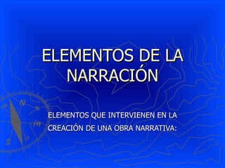 ELEMENTOS DE LA NARRACIÓN ELEMENTOS QUE INTERVIENEN EN LA CREACIÓN DE UNA OBRA NARRATIVA: 