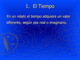 El Tiempo En un relato el tiempo adquiere un valor diferente, según sea real o imaginario. 