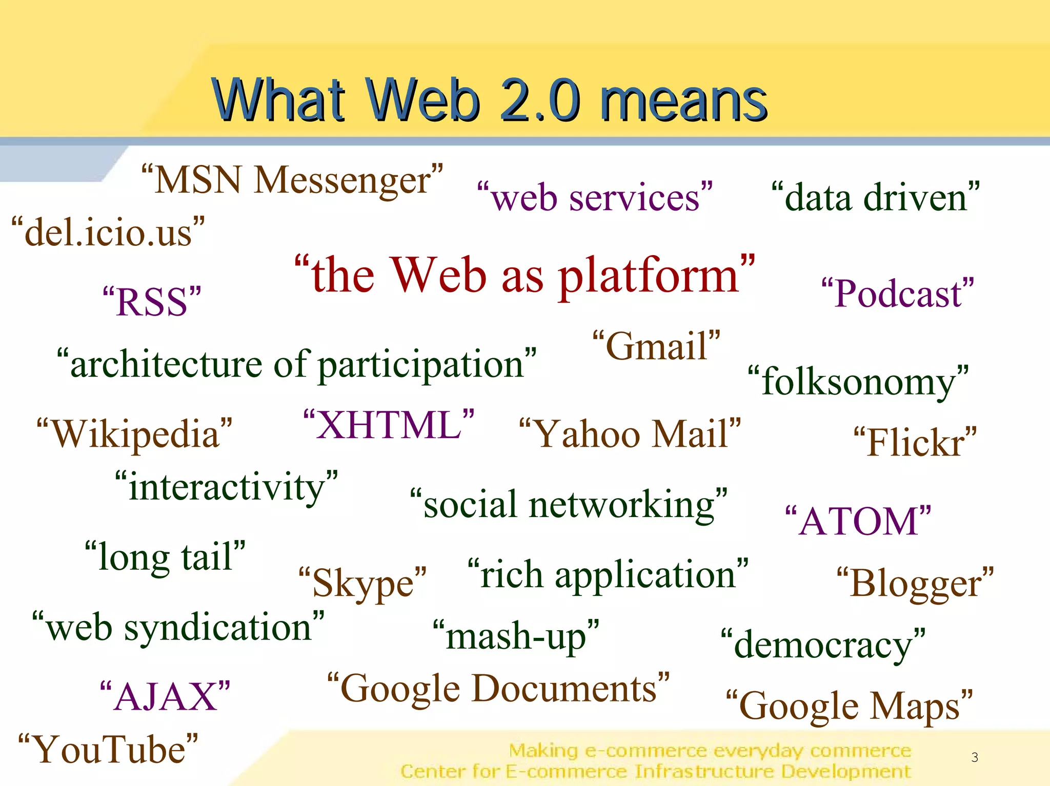 What Web 2.0 means
         “MSN Messenger” “web services”     “data driven”
“del.icio.us”
     “RSS”
                “the Web as platform”           “Podcast”
  “architecture of participation” “Gmail” “folksonomy”
 “Wikipedia”       “XHTML” “Yahoo Mail”           “Flickr”
      “interactivity”    “social networking” “ATOM”
    “long tail”
                  “Skype” “rich application”     “Blogger”
 “web syndication”         “mash-up”       “democracy”
     “AJAX”         “Google Documents” “Google Maps”
“YouTube”                                               3
 