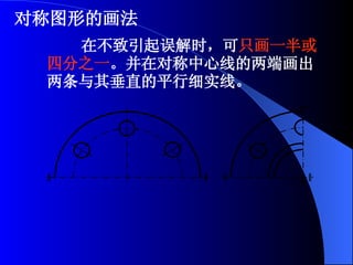 对称图形的画法 在不致引起误解时，可 只画一半或四分之一 。并在对称中心线的两端画出两条与其垂直的平行细实线。 