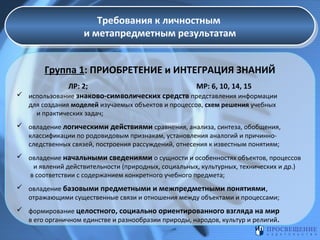 Требования к личностным
Требования к личностным
и метапредметным результатам
и метапредметным результатам
Группа 1: ПРИОБРЕТЕНИЕ и ИНТЕГРАЦИЯ ЗНАНИЙ
ЛР: 2;
МР: 6, 10, 14, 15
 использование знаково-символических средств представления информации
для создания моделей изучаемых объектов и процессов, схем решения учебных
и практических задач;

 овладение логическими действиями сравнения, анализа, синтеза, обобщения,
классификации по родовидовым признакам, установления аналогий и причинноследственных связей, построения рассуждений, отнесения к известным понятиям;
 овладение начальными сведениями о сущности и особенностях объектов, процессов
и явлений действительности (природных, социальных, культурных, технических и др.)
в соответствии с содержанием конкретного учебного предмета;
 овладение базовыми предметными и межпредметными понятиями,
отражающими существенные связи и отношения между объектами и процессами;
 формирование целостного, социально ориентированного взгляда на мир
в его органичном единстве и разнообразии природы, народов, культур и религий.

 