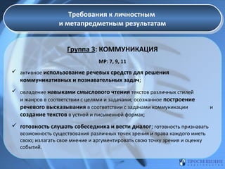 Требования к личностным
Требования к личностным
и метапредметным результатам
и метапредметным результатам
Группа 3: КОММУНИКАЦИЯ
МР: 7, 9, 11
 активное использование речевых средств для решения

коммуникативных и познавательных задач;

 овладение навыками смыслового чтения текстов различных стилей
и жанров в соответствии с целями и задачами; осознанное построение
речевого высказывания в соответствии с задачами коммуникации
создание текстов в устной и письменной формах;

 готовность слушать собеседника и вести диалог; готовность признавать
возможность существования различных точек зрения и права каждого иметь
свою; излагать свое мнение и аргументировать свою точку зрения и оценку
событий.

и

 
