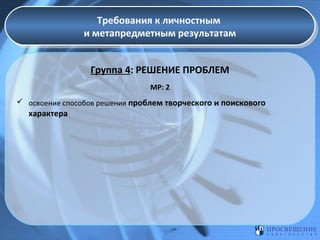 Требования к личностным
Требования к личностным
и метапредметным результатам
и метапредметным результатам
Группа 4: РЕШЕНИЕ ПРОБЛЕМ
МР: 2
 освоение способов решения проблем творческого и поискового

характера

 