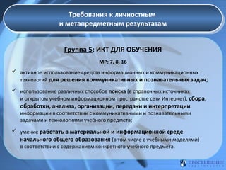 Требования к личностным
Требования к личностным
и метапредметным результатам
и метапредметным результатам
Группа 5: ИКТ ДЛЯ ОБУЧЕНИЯ
МР: 7, 8, 16
 активное использование средств информационных и коммуникационных
технологий для решения коммуникативных и познавательных задач;
 использование различных способов поиска (в справочных источниках
и открытом учебном информационном пространстве сети Интернет), сбора,

обработки, анализа, организации, передачи и интерпретации

информации в соответствии с коммуникативными и познавательными
задачами и технологиями учебного предмета;
 умение работать в материальной и информационной среде
начального общего образования (в том числе с учебными моделями)
в соответствии с содержанием конкретного учебного предмета.

 