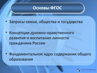 Основы ФГОС
Основы ФГОС
• Запросы семьи, общества и государства
• Концепция духовно-нравственного
развития и воспитания личности
гражданина России
• Фундаментальное ядро содержания общего
образования

 