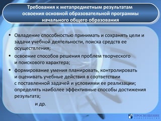 Требования к метапредметным результатам
Требования к метапредметным результатам
освоения основной образовательной программы
освоения основной образовательной программы
начального общего образования
начального общего образования
• Овладение способностью принимать и сохранять цели и
задачи учебной деятельности, поиска средств ее
осуществления;
• освоение способов решения проблем творческого
и поискового характера;
• формирование умения планировать, контролировать
и оценивать учебные действия в соответствии
с поставленной задачей и условиями ее реализации;
определять наиболее эффективные способы достижения
результата;
и др.

 
