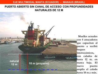EJE MULTIMODAL MANTA (ECUADOR) – MANAUS (BRASIL)
PUERTO ABIERTO SIN CANAL DE ACCESO CON PROFUNDIDADES
                   NATURALES DE 12 M




                                               Muelles actuales
                                              con 4 atracaderos
                                              que capacitan al
                                              puerto a recibir
                                              buques
                                              interoceánicos,
                                              con calados de
                                              hasta 12 m. en
  natural
              18 m (proyecto)                 marea baja. El
   12 m
                                              nuevo      puerto
                                              amplia el calado
                                              hasta 18 m y más.
 