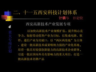 重大专项计划   西安高新技术产业发展专项 以加快高新技术产业规模扩张、提升核心竞争力、辐射带动优势产业为目标，以集成电路、软件、通信产业为突破口，以“两区两基地”为主体，建设一批高新技术成果吸纳力强的产业化基地 , 培育一批具有较强创新能力的高新技术企业群体 , 引进一批在国内外具有影响力的重大项目，打造一批高新技术名牌产品  二、十一五西安科技计划体系 计划与项目定位 4 