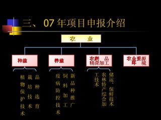 三、 07 年项目申报介绍 农  业 种植业 养殖业 农副产品 精深加工 农业资源 与环境 品  种  选  育 栽  培  技  术 植 物 保 护 技 术 新 品 种 推 广 饲  料  加  工 疫 病 防 控 技 术 储运、保鲜技术 农林特产综合加工技术 