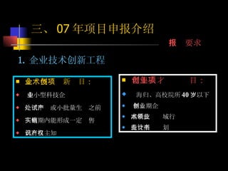  1. 企业技术创新工程 企业技术创新项目 ： 中小型科技企业 处于中试或小批量生产之前 实施期内能形成一定销售 具有自主知识产权 青年人才创业项目： 海归、高校院所 40 岁以下 初创期企业 高新技术领域行业 提交商业计划书 三、 07 年项目申报介绍 申报要求 