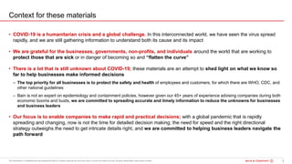 2200615 - Bain Webinar_Procurem ...BOS
Context for these materials
• COVID-19 is a humanitarian crisis and a global challenge. In this interconnected world, we have seen the virus spread
rapidly, and we are still gathering information to understand both its cause and its impact
• We are grateful for the businesses, governments, non-profits, and individuals around the world that are working to
protect those that are sick or in danger of becoming so and “flatten the curve”
• There is a lot that is still unknown about COVID-19; these materials are an attempt to shed light on what we know so
far to help businesses make informed decisions
– The top priority for all businesses is to protect the safety and health of employees and customers, for which there are WHO, CDC, and
other national guidelines
– Bain is not an expert on epidemiology and containment policies, however given our 45+ years of experience advising companies during both
economic booms and busts, we are committed to spreading accurate and timely information to reduce the unknowns for businesses
and business leaders
• Our focus is to enable companies to make rapid and practical decisions; with a global pandemic that is rapidly
spreading and changing, now is not the time for detailed decision making; the need for speed and the right directional
strategy outweighs the need to get intricate details right, and we are committed to helping business leaders navigate the
path forward
 