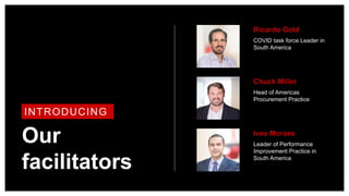 Our
facilitators
INTRODUCING
Head of Americas
Procurement Practice
Chuck Miller
COVID task force Leader in
South America
Ricardo Gold
Leader of Performance
Improvement Practice in
South America
Ives Moraes
 