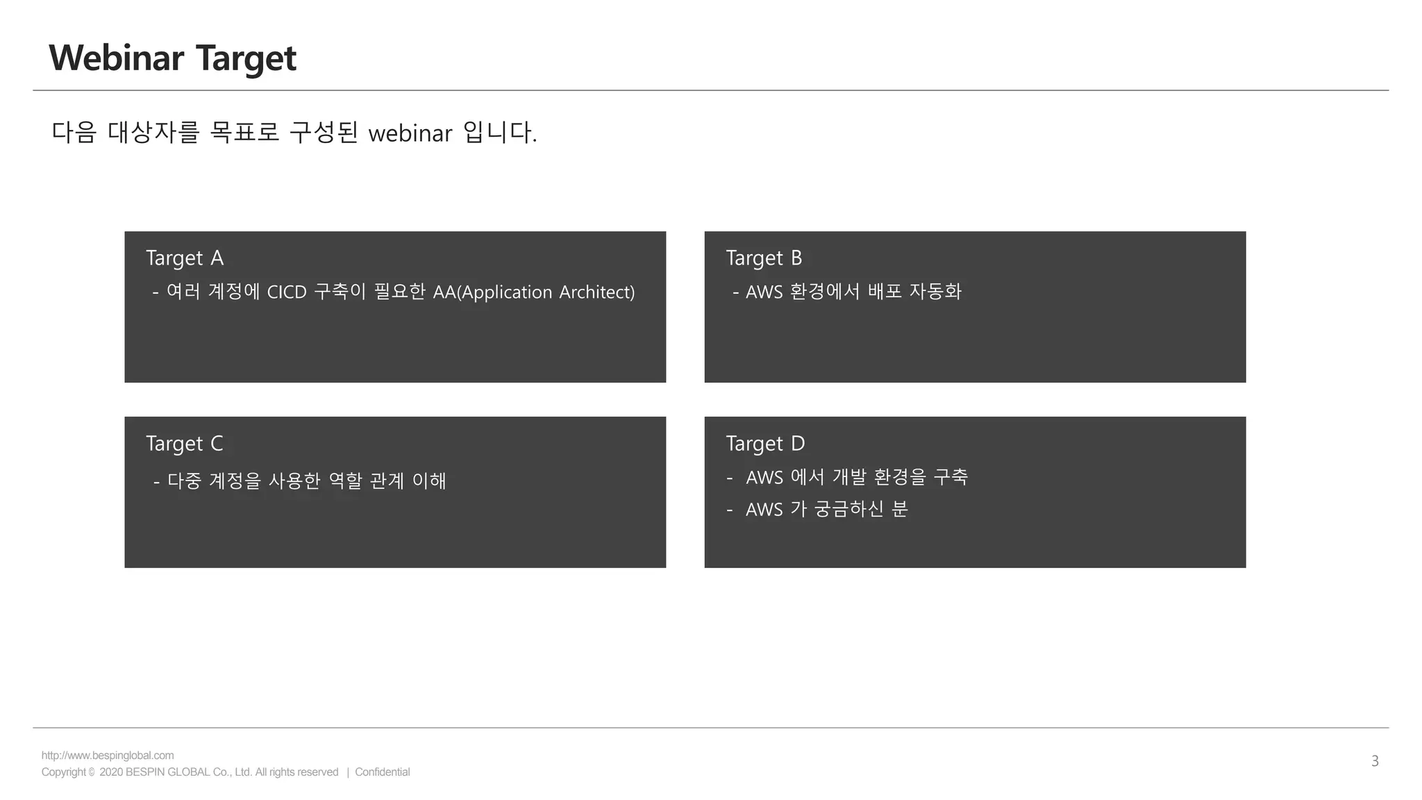 Copyright © 2020 BESPIN GLOBAL Co., Ltd. All rights reserved | Confidential
http://www.bespinglobal.com
3
Webinar Target
다음 대상자를 목표로 구성된 webinar 입니다.
Target A
- 여러 계정에 CICD 구축이 필요한 AA(Application Architect)
Target C
- 다중 계정을 사용한 역할 관계 이해
Target B
- AWS 환경에서 배포 자동화
Target D
- AWS 에서 개발 환경을 구축
- AWS 가 궁금하신 분
 