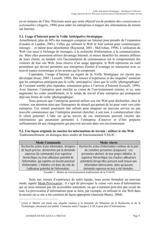 Veille Anticipative Stratégique - Intelligence Collective :
                                                Usage innovant du site Web pour la provocation d’informations d’origine terrain


ou en instance de l’être. Précisons aussi que notre objectif est de produire des connaissances
actionnables (Argyris, 1996) pour aider les entreprises à traquer des informations de terrain
sur Internet.

5.1. Usage d’Internet pour la Veille Anticipative Stratégique
Actuellement, plus de 80% des managers comptent sur Internet pour prendre de l’expansion
(Laudon et Laudon, 2001). Celles qui utilisent le Web le font surtout pour communiquer,
interagir… et même pour désinformer (Raymond, 2001 ; McCrohan, 1998). L’utilisation du
Web vise aussi à l'échange de messages, à la recherche d'information, à la communication,
etc. Mais elles pourraient utiliser davantage Internet, et mieux identifier les attentes diffuses
de leurs clients, en tendant vers l'accumulation de connaissances sur le comportement des
visiteurs de leur site Web. Sous réserve d’un usage approprié, le Web représente un outil
prometteur qui devrait permettre aux entreprises d'entrer d’avantage en interaction avec ce
nouvel espace économique et les acteurs qui le composent.
        Cependant, l’usage d’Internet au regard de la Veille Stratégique est encore peu
développé (Issac, 2003 ; LescaN, 1999). Des retours d’expérience et des enquêtes3 montrent
que les entreprises pratiquent peu la veille ‘anticipative’ alors que la veille ‘photographique’
de l’existant semble plus répandue, notamment grâce à l’arrivée d’Internet (LescaN, 1999).
Avec Internet, l’entreprise peut enrichir sa vision de l’environnement externe, et ce, sans
augmenter les coûts sensiblement, ni le temps de travail d’une entreprise qui pratiquerait
déjà une forme de veille ‘photographique’.
        Nous pensons que l’entreprise pourrait utiliser son site Web pour déclencher, chez le
visiteur, son attention ainsi que l'émergence de stimuli qui partent de lui pour venir vers cette
entreprise. Ces stimuli pourraient être utilisés pour imaginer un nouveau service ou une
nouvelle connaissance que l’entreprise pourrait chercher, à son tour, à commercialiser chez
le client potentiel. L’idée est qu’au travers de ces interactions peuvent circuler des
informations qui pourraient permettre à l’entreprise d’innover et d’être préparée
suffisamment tôt aux changements qui peuvent survenir dans son environnement.

5.2. Une façon originale de susciter les informations de terrain : utiliser le site Web
Traditionnellement, on distingue deux modes de fonctionnement VAS-IC :

                    Mode Commande                                          Mode Alerte
    Recherche active d’une information, désignée         Recherche active d’information continue de la part
    de façon précise, déclenchée par la demande               de certaines personnes (traqueurs) ; ces
        expresse (la commande) d’un supérieur              personnes alertent, de leur propre initiative, le
      hiérarchique ou d’un utilisateur potentiel de        supérieur hiérarchique (ou d’autres utilisateurs
    l’information, qui exprime un besoin ponctuel         potentiels) lorsqu’elles pensent avoir trouvé une
     d’information. L’initiative est donc du côté de         information intéressante, alors qu’aucune
          l’utilisateur potentiel de l’information.          demande expresse ne leur a été formulée.
                        Encadré 1 : Modes de fonctionnement traditionnels de la VAS-IC

        Suite aux retours d’expérience de notre équipe, nous avons formalisé un nouveau
mode, appelé Mode Provocation : il s’agit de provoquer la venue vers nous d’informations
qui ne nous auraient pas été accessibles autrement, ou qui n’auraient peut-être pas existé du
tout. La provocation d’informations peut se faire, par exemple, en utilisant le site Web dans
la mesure où ce site a été construit de façon appropriée (Janissek-Muniz, 2004).

3
    Lesca et Martin ont mené une enquête réalisée à la demande du Ministère de la Recherche et de la
    Technologie, document non publié. Contactez notre l’équipe L.E.SCA pour plus d’informations.


       JANISSEK-MUNIZ, LESCA et FREITAS                                                                                 Page 9
 