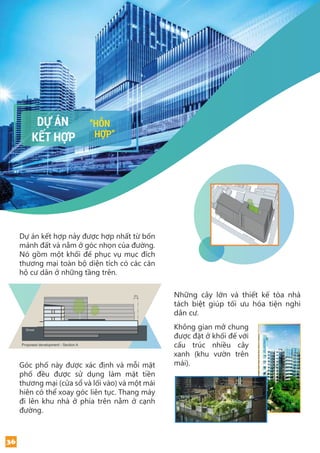 Góc phố này được xác định và mỗi mặt
phố đều được sử dụng làm mặt tiền
thương mại (cửa sổ và lối vào) và một mái
hiên có thể xoay góc liên tục. Thang máy
đi lên khu nhà ở phía trên nằm ở cạnh
đường.
Không gian mở chung
được đặt ở khối đế với
cấu trúc nhiều cây
xanh (khu vườn trên
mái).
KẾT HỢP
DỰ ÁN ‘’HỖN
HỢP”
Dự án kết hợp này được hợp nhất từ bốn
mảnh đất và nằm ở góc nhọn của đường.
Nó gồm một khối đế phục vụ mục đích
thương mại toàn bộ diện tích có các căn
hộ cư dân ở những tầng trên.
A
A
3m
3m
Primarystreet
Primarystree
Street frontage
Street
Apartment building types - Example schemes
Hybrid (mixed) developments
Proposed development - Section A
Những cây lớn và thiết kế tòa nhà
tách biệt giúp tối ưu hóa tiện nghi
dân cư.
36
 