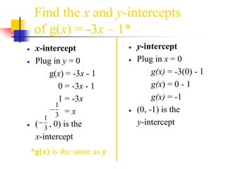 Find the x and y-intercepts
of g(x) = -3x – 1*
● x-intercept
● Plug in y = 0
g(x) = -3x - 1
0 = -3x - 1
1 = -3x
= x
● ( , 0) is the
x-intercept
● y-intercept
● Plug in x = 0
g(x) = -3(0) - 1
g(x) = 0 - 1
g(x) = -1
● (0, -1) is the
y-intercept
*g(x) is the same as y
1
3

1
3

 