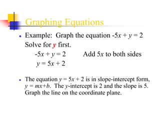 Graphing Equations
● Example: Graph the equation -5x + y = 2
Solve for y first.
-5x + y = 2 Add 5x to both sides
y = 5x + 2
● The equation y = 5x + 2 is in slope-intercept form,
y = mx+b. The y-intercept is 2 and the slope is 5.
Graph the line on the coordinate plane.
 