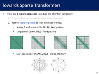 Towards	Sparse	Transformers
• There	are	3	major	approaches to	reduce	the	attention	complexity
1. Forget	old	memories	and	focus	on	new	information
2. Restrict	sparsity	pattern to	look	at	limited	window
• Sparse	Transformer	(arXiv 2019)	- fixed	pattern
• Longformer (arXiv 2020)	- fixed	pattern
• Star-Transformer	(NAACL	2019)	- star	connectivity
11
 