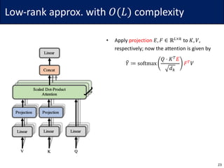 Low-rank	approx.	with	𝑂(𝐿) complexity
23
• Apply	projection 𝐸, 𝐹 ∈ ℝ6×.
to	𝐾, 𝑉,	
respectively;	now	the	attention	is	given	by
𝑌8 ≔ softmax
𝑄 ⋅ 𝐾A
𝐸
𝑑.
𝐹A
𝑉
 
