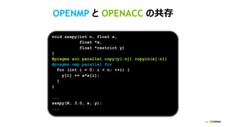 34
OPENMP と OPENACC の共存
void saxpy(int n, float a,
float *x,
float *restrict y)
{
#pragma acc parallel copy(y[:n]) copyin(x[:n])
#pragma omp parallel for
for (int i = 0; i < n; ++i) {
y[i] += a*x[i];
}
}
...
saxpy(N, 3.0, x, y);
...
 