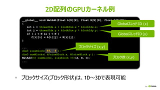 64
2D配列のGPUカーネル例
▪ ブロックサイズ(ブロック形状)は、1D～3Dで表現可能
__global__ void MatAdd(float A[N][N], float B[N][N], float C[N][N])
{
int i = threadIdx.x + blodkDim.x * blockIdx.x;
int j = threadIdx.y + blodkDim.y * blockIdy.y;
if ( i < N && j < N )
C[i][i] = A[i][j] + B[i][j];
}
...
dim3 sizeBlock( 16, 16 );
dim3 numBlocks( N/sizeBlock.x, N/sizeBlock.y );
MatAdd<<< numBlocks, sizeBlock >>>(A, B, C);
...
32, 864, 4
Globalスレッド ID (x)
GlobalスレッドID (y)
ブロックサイズ (x,y)
ブロック数 (x,y)
 