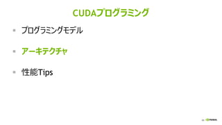 66
CUDAプログラミング
▪ プログラミングモデル
▪ アーキテクチャ
▪ 性能Tips
 