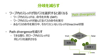 81
分岐を減らす
▪ ワープ内のスレッドが別パスを選択すると遅くなる
▪ ワープ内のスレッドは、命令を共有 (SIMT)
▪ ワープ内のスレッドが選んだ全パスの命令を実行
▪ あるパスの命令を実行中、そのパスにいないスレッドはinactive状態
▪ Path divergenceを減らす
▪ できる限り、同ワープ内のスレッドは
同じパスを選択させる
A[id] > 0
処理 X
処理 Y
true false
0 1
2
3
 