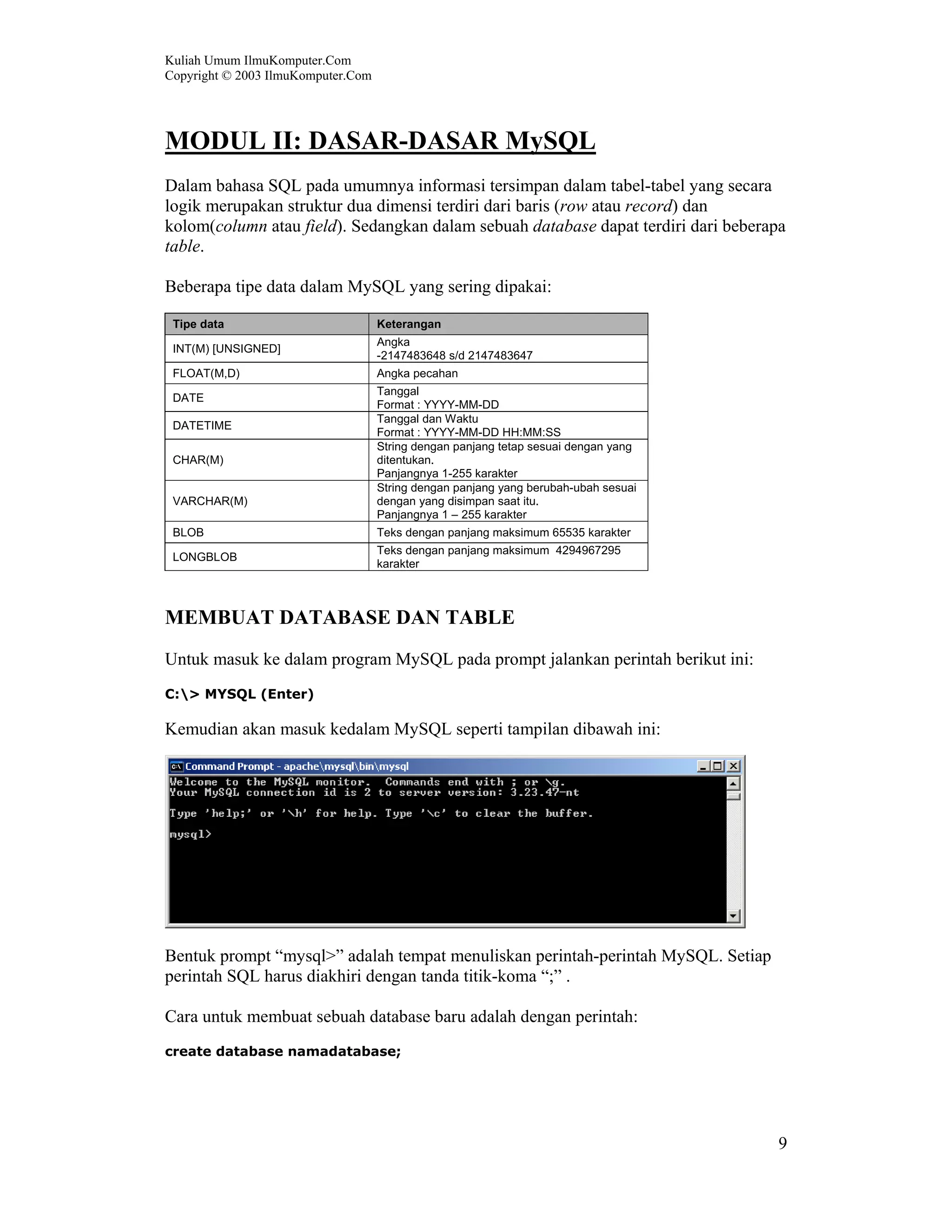 Kuliah Umum IlmuKomputer.Com
Copyright © 2003 IlmuKomputer.Com




MODUL II: DASAR-DASAR MySQL
Dalam bahasa SQL pada umumnya informasi tersimpan dalam tabel-tabel yang secara
logik merupakan struktur dua dimensi terdiri dari baris (row atau record) dan
kolom(column atau field). Sedangkan dalam sebuah database dapat terdiri dari beberapa
table.

Beberapa tipe data dalam MySQL yang sering dipakai:

 Tipe data                          Keterangan
                                    Angka
 INT(M) [UNSIGNED]
                                    -2147483648 s/d 2147483647
 FLOAT(M,D)                         Angka pecahan
                                    Tanggal
 DATE
                                    Format : YYYY-MM-DD
                                    Tanggal dan Waktu
 DATETIME
                                    Format : YYYY-MM-DD HH:MM:SS
                                    String dengan panjang tetap sesuai dengan yang
 CHAR(M)                            ditentukan.
                                    Panjangnya 1-255 karakter
                                    String dengan panjang yang berubah-ubah sesuai
 VARCHAR(M)                         dengan yang disimpan saat itu.
                                    Panjangnya 1 – 255 karakter
 BLOB                               Teks dengan panjang maksimum 65535 karakter
                                    Teks dengan panjang maksimum 4294967295
 LONGBLOB
                                    karakter



MEMBUAT DATABASE DAN TABLE
Untuk masuk ke dalam program MySQL pada prompt jalankan perintah berikut ini:
C:> MYSQL (Enter)

Kemudian akan masuk kedalam MySQL seperti tampilan dibawah ini:




Bentuk prompt “mysql>” adalah tempat menuliskan perintah-perintah MySQL. Setiap
perintah SQL harus diakhiri dengan tanda titik-koma “;” .

Cara untuk membuat sebuah database baru adalah dengan perintah:
create database namadatabase;




                                                                                     9
 