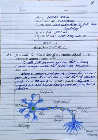Biopsychology Assignment BPCC 102 - IGNOU