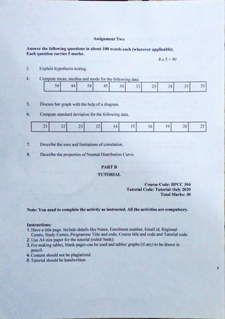 Mathematical Methods for Psychological Research Assignment - BPCC 104
