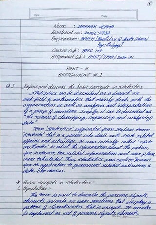 Mathematical Methods for Psychological Research Assignment - BPCC 104