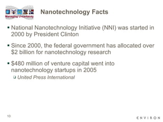 Nanotechnology Facts National Nanotechnology Initiative (NNI) was started in 2000 by President Clinton Since 2000, the federal government has allocated over $2 billion for nanotechnology research $480 million of venture capital went into nanotechnology startups in 2005 United Press International   