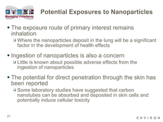Potential Exposures to Nanoparticles The exposure route of primary interest remains inhalation Where the nanoparticles deposit in the lung will be a significant factor in the development of health effects  Ingestion of nanoparticles is also a concern Little is known about possible adverse effects from the ingestion of nanoparticles The potential for direct penetration through the skin has been reported Some laboratory studies have suggested that carbon nanotubes can be absorbed and deposited in skin cells and potentially induce cellular toxicity 