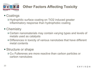 Other Factors Affecting Toxicity Coatings Hydrophilic surface coating on TiO2 induced greater inflammatory response than hydrophobic coating Chemistry Certain nanomaterials may contain varying types and levels of metals used as catalysts Differences in toxicity of various nanotubes that have different metal contents Structure or shape C 60  Fullerenes are more reactive than carbon particles or carbon nanotubes 