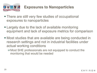 Exposures to Nanoparticles There are still very few studies of occupational exposures to nanoparticles Largely due to the lack of available monitoring equipment and lack of exposure metrics for comparison Most studies that are available are being conducted in research settings and not in industrial facilities under actual working conditions Most SHE professionals are not equipped to conduct the monitoring that would be needed  