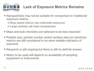 Lack of Exposure Metrics Remains Nanoparticles may not be suitable for comparison to ‘traditional’ exposure metrics Mass based metrics may understate exposures Larger particles will mask nanoparticles Mass and bulk chemistry are believed to be less important  Particle size, particle number and/or surface area (or reactivity) metrics are still considered to be more reliable indicators of exposure Research is still ongoing but there is still no definite answer Metric to be used will depend on availability of sampling equipment or instruments 