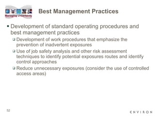 Best Management Practices Development of standard operating procedures and best management practices Development of work procedures that emphasize the prevention of inadvertent exposures Use of job safety analysis and other risk assessment techniques to identify potential exposures routes and identify control approaches Reduce unnecessary exposures (consider the use of controlled access areas) 