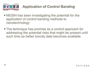 Application of Control Banding NIOSH has been investigating the potential for the application of control banding methods to nanotechnology The technique has promise as a control approach for addressing the potential risks that might be present until such time as better toxicity data becomes available 