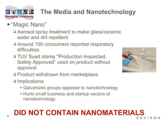 The Media and Nanotechnology “Magic Nano” Aerosol spray treatment to make glass/ceramic water and dirt repellent Around 100 consumers reported respiratory difficulties TUV Sued stamp "Production Inspected, Safety Approved” used on product without approval Product withdrawn from marketplace Implications Galvanizes groups opposed to nanotechnology Hurts small business and startup sectors of nanotechnology DID NOT CONTAIN NANOMATERIALS  