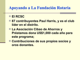 Apoyando a La Fundación Rotaria El RCSC  87 contribuyentes Paul Harris, y es el club líder en el distrito.  La Asociación Cibao de Ahorros y Préstamos dona US$1,000 cada año para este programa; Contribuciones de sus propios socios y oros donantes. 