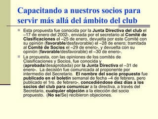Capacitando a nuestros socios para servir más allá del ámbito del club Esta propuesta fue conocida por la  Junta Directiva del club  el –17 de enero del 2002-, enviada por el secretario al  Comité de Clasificaciones  el –25 de enero, devuelta por este Comité con su opinión ( favorable /desfavorable) el –28 de enero; tramitada al  Comité de Socios  el –29 de enero-, y devuelta con su opinión ( favorable /desfavorable) el –30 de enero-. La propuesta, con las opiniones de los comités de Clasificaciones y Socios, fue conocida y ( aprobada /desaprobada) por  la Junta Directiva  el –31 de enero-.  La decisión fue comunicada al proponente por intermedio del Secretario.  El nombre del socio propuesto  fue  publicado en el boletín  semanal de fecha –4 de febrero, pero publicado el 1ro. de febrero-,  concediéndose diez días a los socios del club   para comunicar  a la directiva, a través del Secretario,  cualquier objeción  a la elección del socio propuesto.  ( No se /Se) recibieron objeciones. 