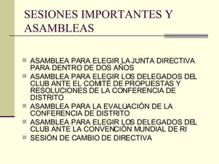 SESIONES IMPORTANTES Y ASAMBLEAS ASAMBLEA PARA ELEGIR LA JUNTA DIRECTIVA PARA DENTRO DE DOS AÑOS ASAMBLEA PARA ELEGIR LOS DELEGADOS DEL CLUB ANTE EL COMITÉ DE PROPUESTAS Y RESOLUCIONES DE LA CONFERENCIA DE DISTRITO ASAMBLEA PARA LA EVALUACIÓN DE LA CONFERENCIA DE DISTRITO ASAMBLEA PARA ELEGIR LOS DELEGADOS DEL CLUB ANTE LA CONVENCIÓN MUNDIAL DE RI SESIÓN DE CAMBIO DE DIRECTIVA 