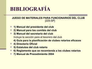 BIBLIOGRAFÍA JUEGO DE MATERIALES PARA FUNCIONARIOS DEL CLUB  [225-SP] . 1) Manual del presidente del club 2) Manual para los comités del club 3) Manual del secretario del club Incluye la sección para el tesorero del club 4) Guía para la planificación de clubes rotarios eficaces 4) Directorio Oficial 5) Estatutos del club rotario 6) Reglamento que se recomienda a los clubes rotarios 7) Manual de Procedimiento 2004 