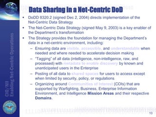  DoDD 8320.2 (signed Dec 2, 2004) directs implementation of the
Net-Centric Data Strategy
 The Net-Centric Data Strategy (signed May 9, 2003) is a key enabler of
the Department‟s transformation
 The Strategy provides the foundation for managing the Department‟s
data in a net-centric environment, including:
– Ensuring data are visible, accessible, and understandable when
needed and where needed to accelerate decision making
– “Tagging” of all data (intelligence, non-intelligence, raw, and
processed) with metadata to enable discovery by known and
unanticipated users in the Enterprise
– Posting of all data to shared spaces for users to access except
when limited by security, policy, or regulations
– Organizing around Communities of Interest (COIs) that are
supported by Warfighting, Business, Enterprise Information
Environment, and Intelligence Mission Areas and their respective
Domains.
10
Data Sharing in a Net-Centric DoD
 