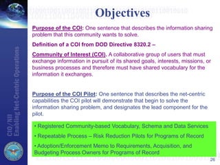 26
Objectives
Purpose of the COI: One sentence that describes the information sharing
problem that this community wants to solve.
Definition of a COI from DOD Directive 8320.2 –
Community of Interest (COI). A collaborative group of users that must
exchange information in pursuit of its shared goals, interests, missions, or
business processes and therefore must have shared vocabulary for the
information it exchanges.
Purpose of the COI Pilot: One sentence that describes the net-centric
capabilities the COI pilot will demonstrate that begin to solve the
information sharing problem, and designates the lead component for the
pilot.
• Registered Community-based Vocabulary, Schema and Data Services
• Repeatable Process – Risk Reduction Pilots for Programs of Record
• Adoption/Enforcement Memo to Requirements, Acquisition, and
Budgeting Process Owners for Programs of Record
 
