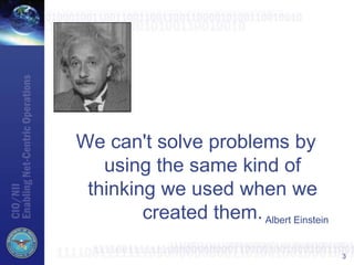 We can't solve problems by
using the same kind of
thinking we used when we
created them.
3
Albert Einstein
 