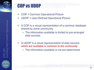 32
COP vs UDOP
 COP = Common Operational Picture
 UDOP = User-Defined Operational Picture
 A COP is a visual representation of a common database
shared by some community
– The information available is limited to pre-arranged
data sources
 A UDOP is a visual representation of data sources
which are available in common to the community
– The information available is not pre-determined
 