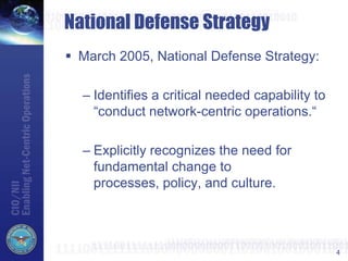 4
National Defense Strategy
 March 2005, National Defense Strategy:
– Identifies a critical needed capability to
“conduct network-centric operations.“
– Explicitly recognizes the need for
fundamental change to
processes, policy, and culture.
 